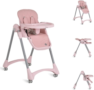 Moni Kinderhochstuhl Rico klappbar, höhenverstellbar, Doppeltablett, Räder, Gurt rosa