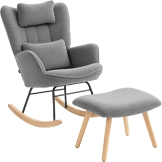 HOMCOM Schaukelsessel Gepolstert Schwingsessel mit Kissen, Fleece-Bezug, hoher Rückenlehne (Schwingstuhl, 2-St, Schaukelstuhl und Fußhocker), Stillsessel für Wohnzimmer, Schlafzimmer Dunkelgrau