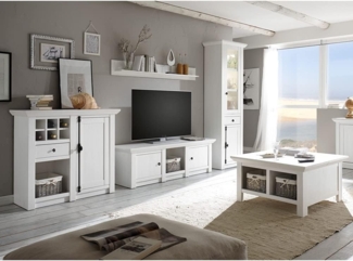 Lomadox Wohnzimmer-Set WINGST-61, (Mega-Spar-Set, 9-St, 9-tlg), inkl. Couchtisch Landhaus-Stil Pinie weiß Nb. Stellmaß Vitrine 63 cm