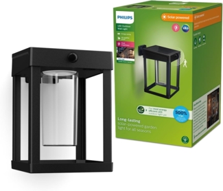 Philips Outdoor Ultra-Efficient Solar Camill Wandleuchte 1,4W, Dual-Bright Sensor, eckig, klar, 3000 Kelvin, IP44 wetterfest, schwarz
