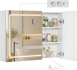 VASAGLE Wandschrank mit Spiegel und LED-Beleuchtung, Badschrank mit Steckdosenleiste, Entfogging-Funktion, Vergrößerungsspiegel, weiß BBKDE134W01