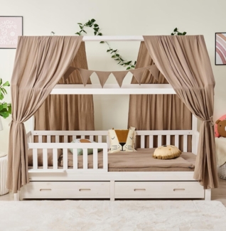 Alavya Home® Hausbett BUCHE CLOUD I KOMPLETT SET mit Musselin DEKO (Hausbett 80x160 cm mit Schubladen inkl. Deko und Matratze mit Rausfallschutz und Lattenrost I Jugendbett Liegefläche Kinderbett 80x160), FSC zertifizierter aus massivem Buchenholz