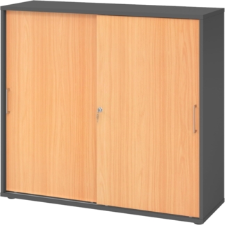 bümö Schiebetürenschrank 3OH - Aktenschrank abschließbar, Sideboard Schrank mit Schiebetüren in Graphit/Buche, Bügelgriff - Büroschrank aus Holz mit Schiebetür, Büro Kommode für Ordner & Co, 1753S-G-6-BS