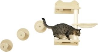 PawHut Katzen-Kletterwand 4-teilig, Katzentreppe, mit Hängematte, Sisal, Beige+Cremeweiß, 40 x 28 x 73 cm
