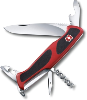 Victorinox Schweizer Taschenmesser Gross, Ranger 68 Grip, Swiss Army Knife, 11 Funktionen, Feststellklinge, Dosenöffner, Korkenzieher, rot/schwarz