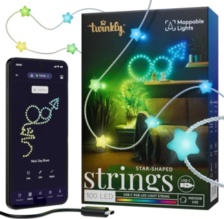 Twinkly Strings Star 100 LED, Sternförmige LED-Lichterkette, RGB LED-Lichter, Kompatibel mit Alexa & Google Home, Gaming-Lichter, Stromversorgung über USB-C, Transparentes Kabel, 6m