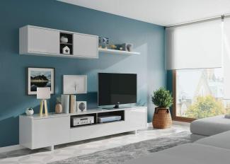 Dmora Wohnzimmer TV-Ständer mit drei Türen, mit Hängemodul und Regal, Farbe Weiß glänzend, Maße TV-Ständer 200 x 46 x 41 cm Höhe Hängemodul Maße 105 x 35 x 29 cm Regalmaß 95 x 3 x 21 cm