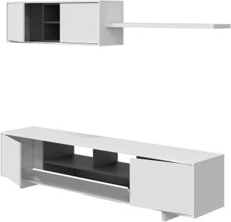 Dmora Wohnzimmer TV-Ständer mit drei Türen, mit Hängemodul und Regal, Farbe Weiß glänzend, Maße TV-Ständer 200 x 46 x 41 cm Höhe Hängemodul Maße 105 x 35 x 29 cm Regalmaß 95 x 3 x 21 cm