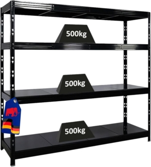 PROREGAL Profi Schwerlastregal Rhino EXTRA BREIT schwarz HxBxT 180 x 200 x 60 cm Fachlast 500kg 4X Stahlplatten-Ebenen Garagenregal, Lagerregal, Steckregal, Weitspannregal