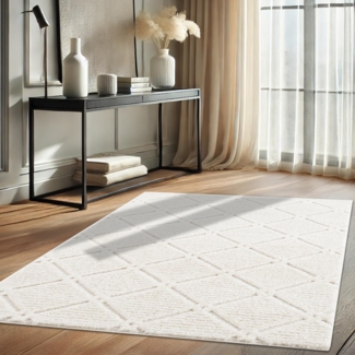 Teppich Wohnzimmer - Hochflor - Boho - Cream - 200x290cm - Einfarbig - Modern Raute Meliert Muster - Skandinavisch Flauschig Weich - Wohnteppich Schlafzimmer Dekoration