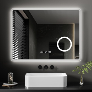 EMKE LED Badspiegel 80x60cm Uhr Beschlagfrei Kaltweißes Licht 3-fache Vergrößerung Touch