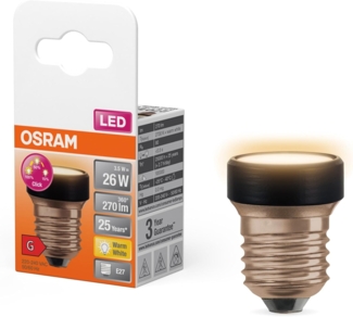 Osram LED STAR FLAT mit 3.5W (wie 26W), 270lm/2700K, warmweiß 827, frosted, Kunststoff in Schwarz, mit E27 Schraubgewinde, 3-fach dimmbar über Wandschalter, 35 mm Durchmesser