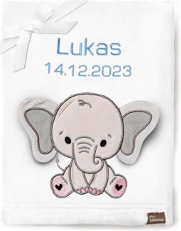 Be Mammy Personalisierte Babydecke mit 3D Applikation Warme Kuscheldecke mit Namen und Geburtsdatum; Perfektes Baby Geschenk; Blanket; Krabbeldecke BE20-280 (Weiß - Elefant)