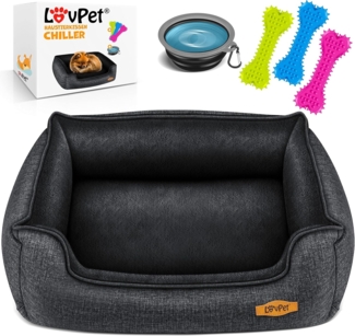 LovPet® Hundebett Hundekissen Hundekorb Chiller, Inkl. Napf + 3X Kauknochen, Hundesofa Kissen für Kleine, Mittelgroße & Große Hunde, Bezug abnehmbar und waschbar Anthrazit, M (70 x 55 x 21 cm)