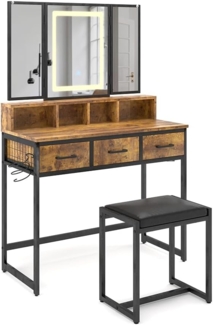 Vicco Schminktisch Fyrk, Eiche rustikal, 90 cm mit Hocker und LED-Spiegel