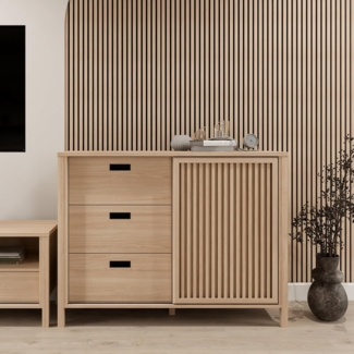 Forte JYTANA Sideboard 120, skandinavisches Sideboard mit 3 Schubladen und Schranktür, Riva Eiche Holzdekor, 119,8 cm breit x 91,5 cm hoch x 40,2 cm tief