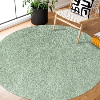 Teppich Rund Hochflor Shaggy - 200x200cm - Pastell Grün Einfarbig Uni Flauschig Modern Boho Wohnzimmer Schlafzimmer Deko Teppiche Weich Schlafzimmer