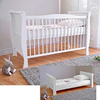 BABY Gitterbett Babybett Kinderbett mit Aloe Vera Schaumstoffmatratze Zahnschienen höhenverstellbar Weiß umbaubar zum Juniorbett