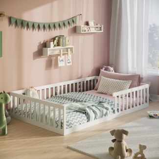 Kids Collective Kinderbett Bodenbett Bett mit Rausfallschutz & Lattenrost Montessori Bett Kinder (weitere Größen, 90x200, 140x200 cm), Jugendbett Einzelbett optional mit Matratze, weiß Kiefer 120x200 cm