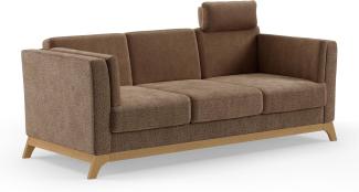 Cavadore 3er-Sofa Vida / 3-Sitzer Couch im trendigen Design mit massivem Holzrahmen in Eiche, Kopfstütze mit Kuschelkissen / 213 x 84 x 93 / Chenille, Rotbraun