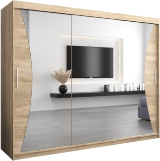 Kryspol Schwebetürenschrank Monaco 250 cm mit Spiegel Kleiderschrank mit Kleiderstange und Einlegeboden Schlafzimmer- Wohnzimmerschrank Schiebetüren Modern Design (Sonoma)