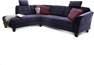 Cavadore Ecksofa Trond mit Ottomane links / Federkern-Sofa im Landhausstil mit 2 Kopfstützen und Vorziehsitz mit Bettkasten / 260 x 89 x 214 / Webstoff dunkelblau