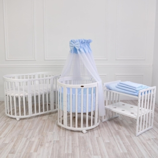 Waldin Babybett aus Holz 7in1 mit Matratze, mitwachsendes Kinder-Bett, belüftet, Boden 5-fach verstellbar, All-Inclusive-Set Holz natur, Stoffe weiss