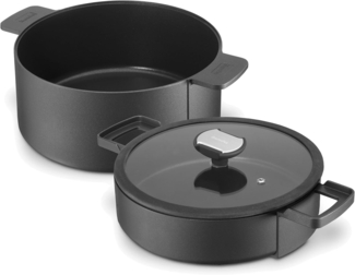 Berndes b. double Multifunktionales Bräter-Set, 3-tlg, Kochtopf mit Glasdeckel, Servierpfanne, Antihaftversiegelung, Aluminiumguss, Schwarz, 035100