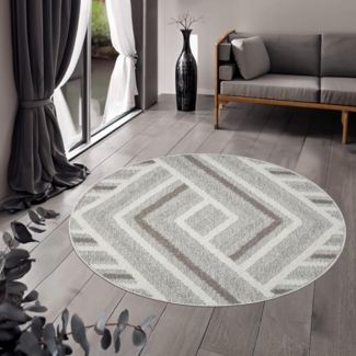 Teppich Rund - 120x120cm - Beige Braun Grau - Boho-Style - Modern Geo Muster - Flachflor Wohnteppich Schlafzimmer Deko