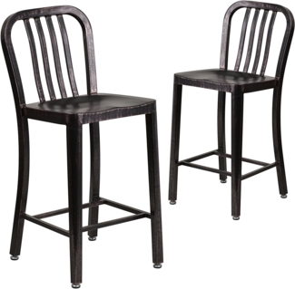 Flash Furniture Barhocker mit Rückenlehne – Metall-Barstuhl für Innen- und Außenbereich – Tresenstuhl ideal für die gewerbliche Nutzung – 2er Set – Schwarz-Gold