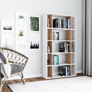 Hanah Home Stylish Wall-Mounted Bookshelf, White & Oak, 90 x 25 x 163.6 cm | 100% Melamine Coated Particle Board, 18 mm Thick | Space-Saving Design with Multiple Shelves