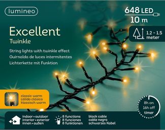 Lumineo LED-Lichterkette Lumineo Lichterkette EXCELLENT TWINKLE 648 LED 10 m klassisch warm, Indoor/Outdoor, 8 Effekte, 8h-Timer, + 5 Meter Zuleitung