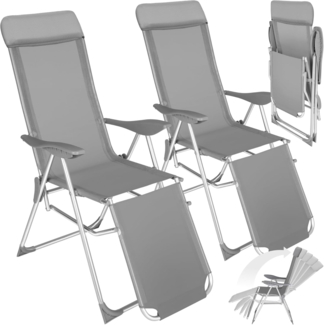 tectake® 2er Set Alu Sonnenliege Liegestuhl, Gartenstühle 5-Fach verstellbare Rückenlehne, Gartenliege mit Fußteil, leicht & klappbar, Relaxsessel mit Kopfpolster, für Camping Garten Balkon - grau