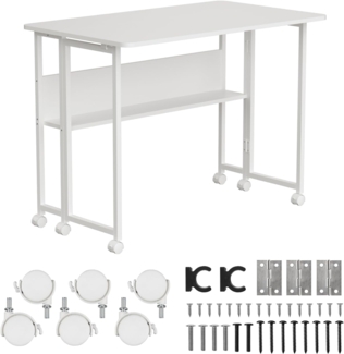 Maclean MC-126 W Klappbarer Mobiler Schreibtisch Weiß 100x58 cm mit Regal Stahlgestell 50 kg belastbar Computertisch Arbeitstisch Büro Tisch auf Rollen