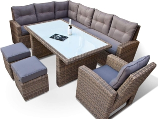 Ragnarök Möbel-Design Gartenlounge-Set Dining Lounge Wieland XL, (Set, 1 Ecklounge, 2x Hocker, 1x Hochlehner Sessel, Alu, Polyrattan), Sitzpolster ca. 16 cm dick