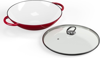 Klarstein Wok Jersey Red Cast Iron Enamel Wok, Gusseisen, Emaille und Edelstahl (Set, Wok 37 cm diameter), Wok Kochen ofenfest induktion Gas Elektro Gusseisen
