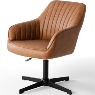 DUMOS Schreibtischstuhl Ohne Rollen, Bürostuhl Vintage PU Stoff, Höhenverstellbar Schminktisch Stuhl, Drehstuhl Kinder, Bis 135 kg Belastbar Desk Chair, für Arbeitszimmer, Schlafzimmer, Braun