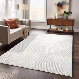 Teppich Läufer - 80x150cm Creme-Grau Bodenbelag Hochtief Struktur Flachflor - Raute Muster Boho Design Wohnteppich