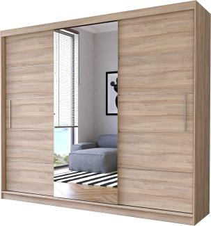 Schwebetürenschrank Alba 250 cm, Schiebetürenschrank mit Spiegel, Kleiderschrank mit Kleiderstange und Einlegeboden, Schlafzimmerschrank, Schiebetüren, Modern Design (Sonoma/Sonoma)