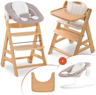 Hauck Alpha Plus Move Newborn Set - Baby Holz Hochstuhl ab Geburt inkl. Aufsatz für Neugeborene, Sitzpolster, Tisch - mitwachsend - Stretch Beige