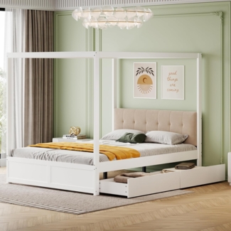 Odikalo Himmelbett Polsterbett Holzbett Schubladen weicher Rückenlehne weiß 140*200cm