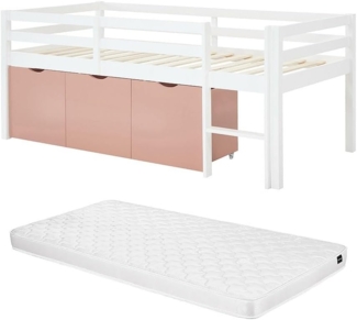 Vente-unique - Halbhohes Bett 90x190 cm – Mit Stauraum + Matratze – Kiefer & MDF – Weiß/Rosa – LANIORI