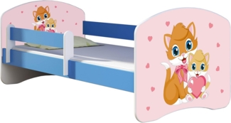 ACMA Kinderbett Jugendbett mit Einer Schublade und Matratze Blau mit Rausfallschutz Lattenrost II 140x70 160x80 180x80 (33 Miezekatzen, 140x70)