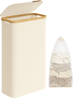 SONGMICS Wäschekorb mit Deckel und herausnehmbarem Wäschesack, zusammenklappbar, Bambus / Oxford-Gewebe cremeweiß, 65 l