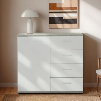 CARO-Möbel Kommode Sideboard Schrank Chicago in Betonoptik/weißl, mit Tür und 4 Schubladen Highboard