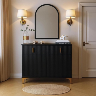FurnitureR Black Sideboard, Modern High-Gloss Finish, Durable Particle Board Construction with Gold Accents, Compact Size for Hallway or Living Room, Easy Assembly