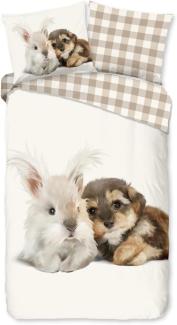 good morning Kinderbettwäsche Cute Rabbit & Dog, Biber, Flanell, 2 teilig, Biber, 135x200, Weich, Warm, Reißverschluss, Wendeoptik, Kind, Tier