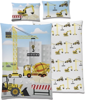 Baby Bettwäsche Baustelle für Kleinkinder 100x135 40x60 cm mit Bagger und Kran Motiv aus 100% Baumwolle