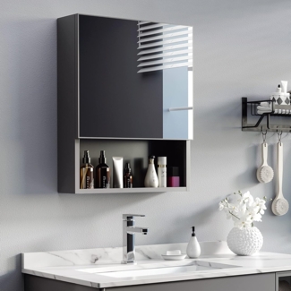 Kleankin Spiegelschrank Badezimmerschrank mit Spiegeltür 2 Innenböden und 1 offenem Regal (Badschrank, 1-St, Hängeschrank) Edelstahl, Glas, Schwarz, 46 x 13,5 x 58 cm