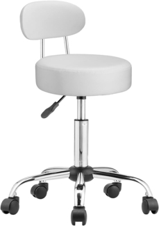 BAKAJI Hocker mit Rollen und Rückenlehne, Drehstuhl mit Rückenstütze, Sitzpolster 10 cm, Kunstleder und Stahlgestell, höhenverstellbar, für Kosmetikerin, Büro, Arbeit (weiß)